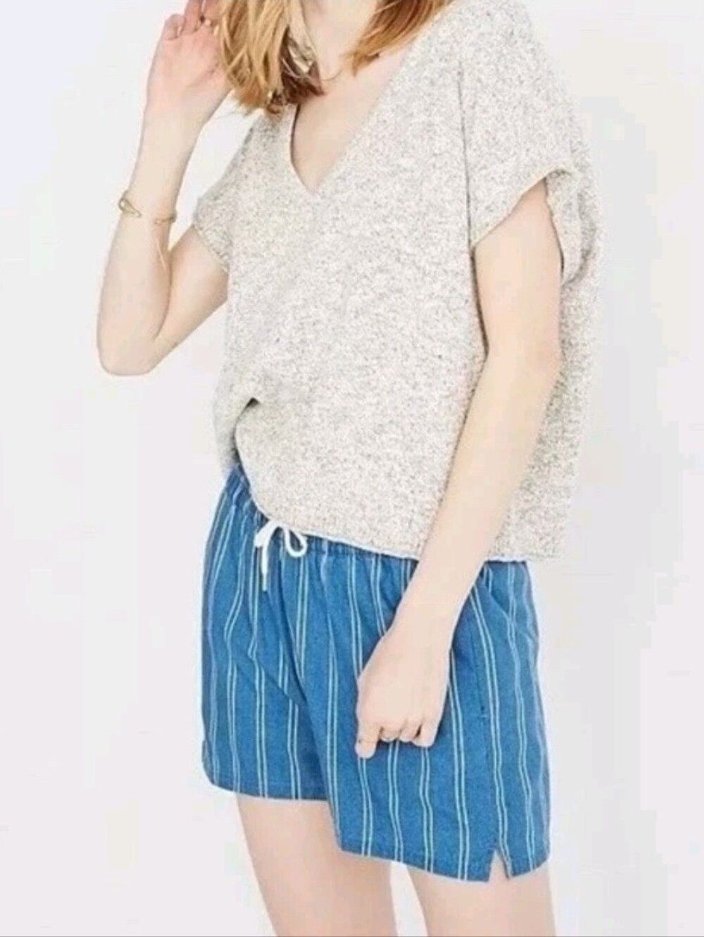 ❤️ MADEWELL MARLED ELLENDALE SHORT SLEEVE V-NECK SWEATER TOP, HEATHERED OATMEAL